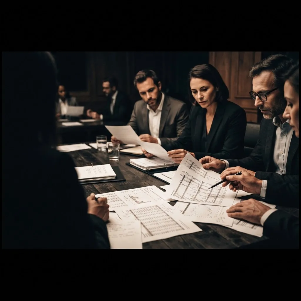 Professionals reviewing printed financial documents around a dark boardroom table under warm copper light
