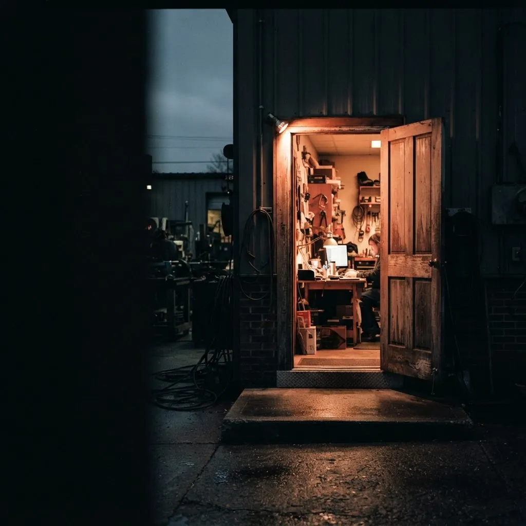 The open doorway of a workshop office at dusk, warm light spilling onto the threshold