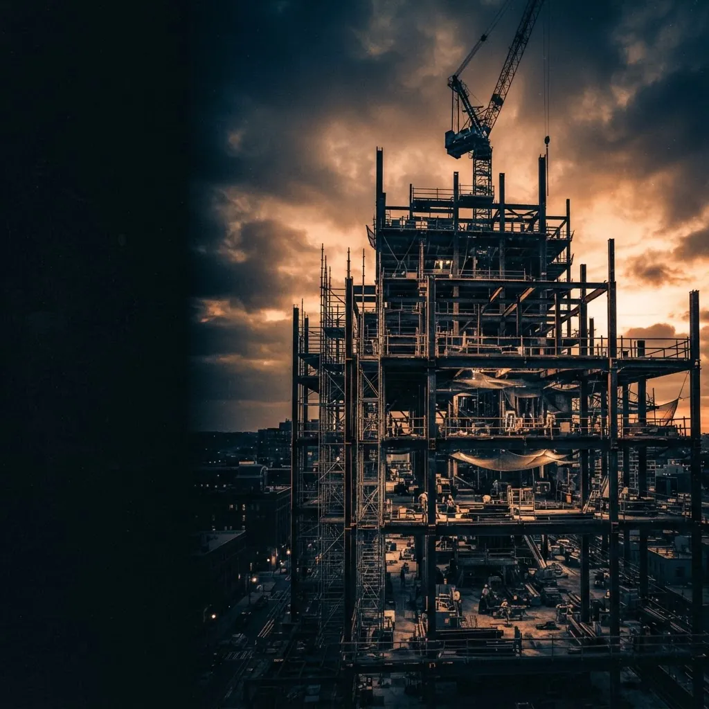 Steel scaffolding and a structure under construction rising against a dawn sky, edged in warm copper light