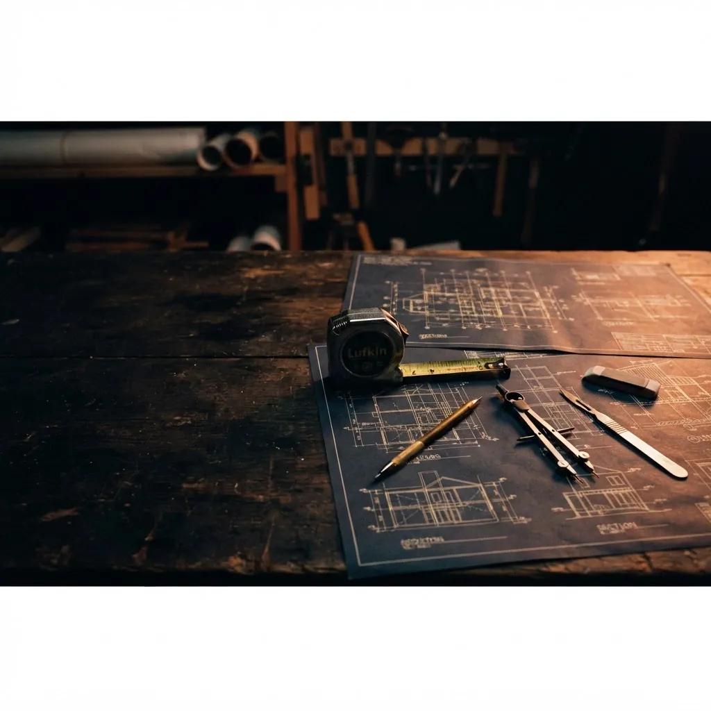 Architectural blueprints and precision drafting tools on a dark workbench, raked by warm copper light