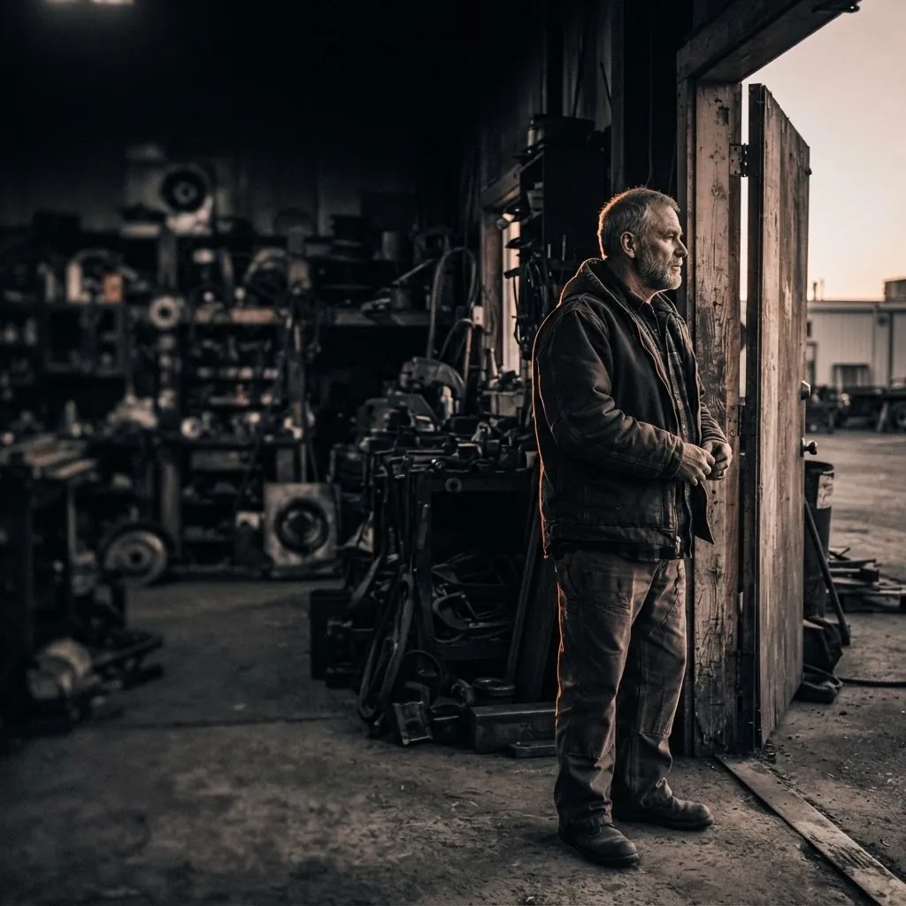 A business owner in his sixties standing in the doorway of his workshop at dawn, lit by warm copper edge light against deep shadow