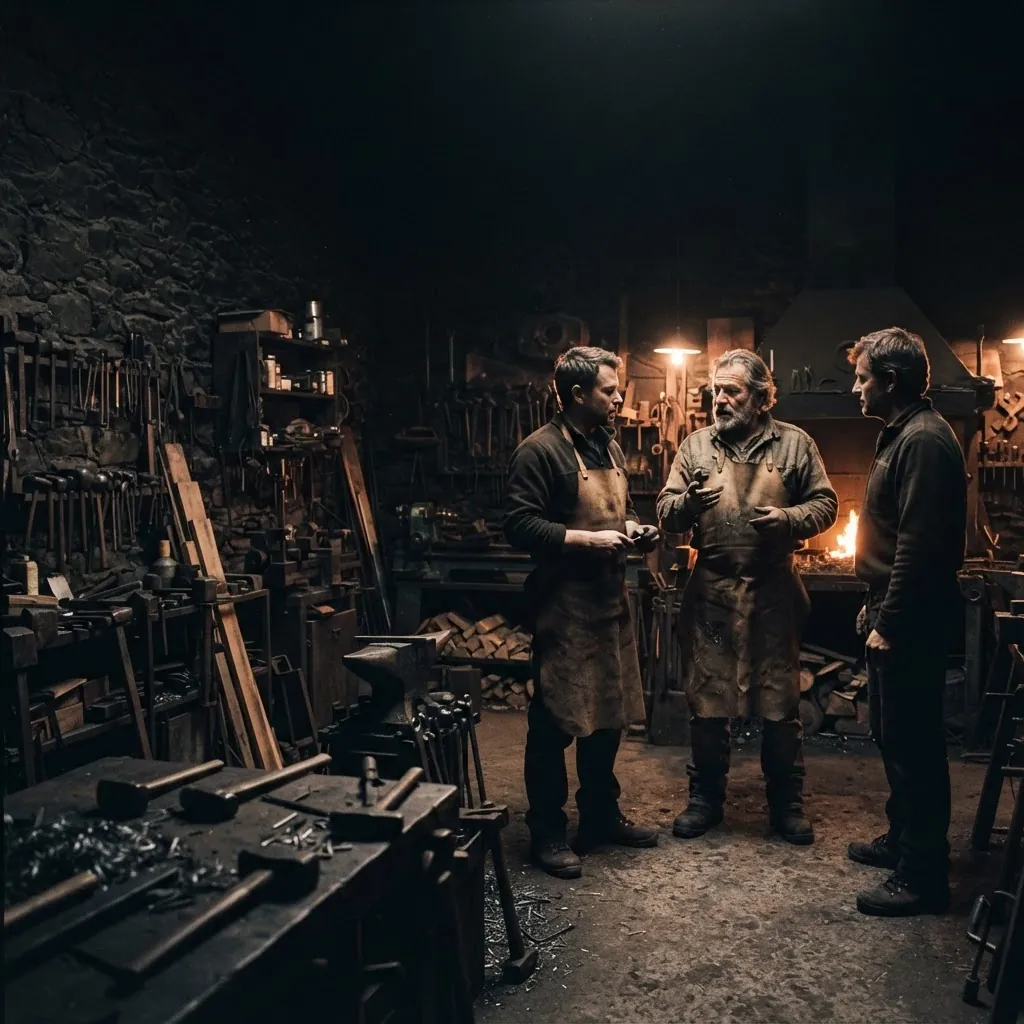 Three advisors standing in a dimly lit workshop, their figures rimmed in warm copper light