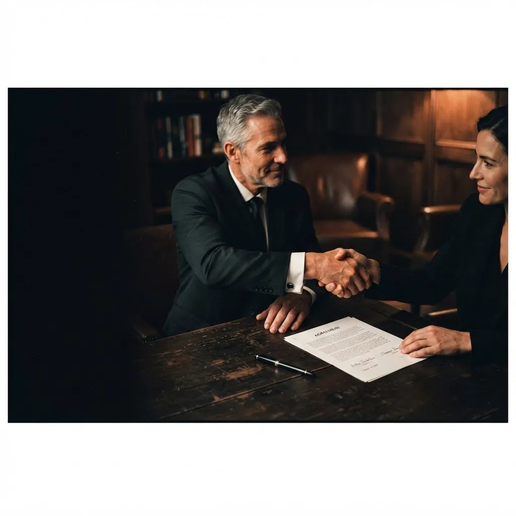 Two people finalizing a signed agreement across a dark table, a fountain pen resting on the paper under warm copper light
