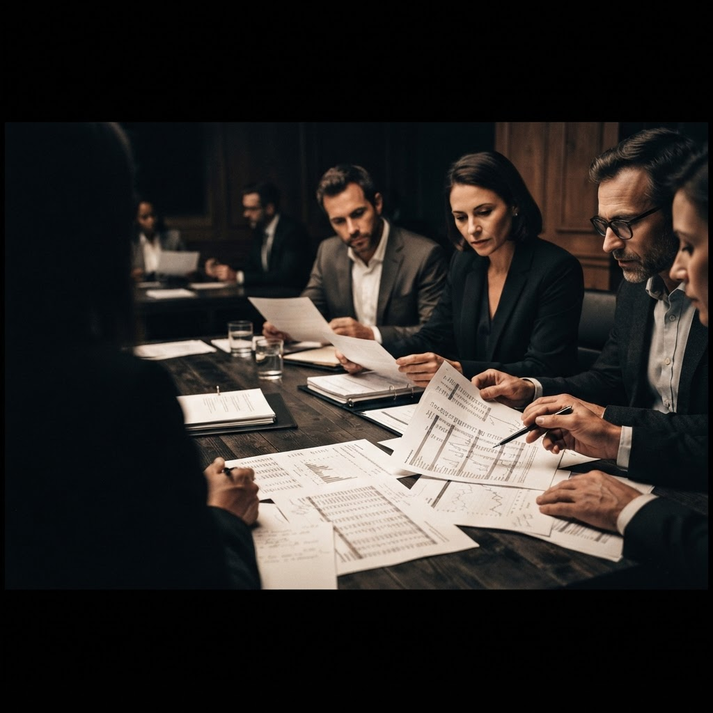 Professionals reviewing printed financial documents around a dark boardroom table under warm copper light
