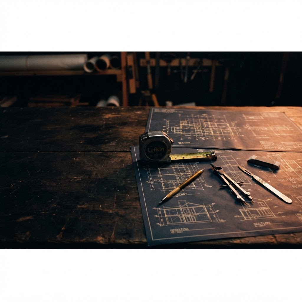 Architectural blueprints and precision drafting tools on a dark workbench, raked by warm copper light